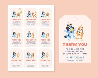 Bluey Children's Birthday Party Gunsten Bedankt Label Tags - Bewerkbare en afdrukbare Canva-sjabloon - Direct downloaden