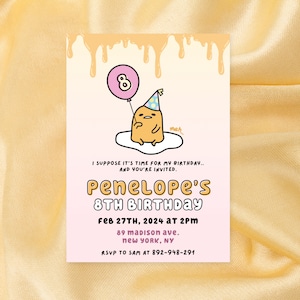Invitación a fiesta de cumpleaños de huevo japonés Kawaii - Lindo diseño minimalista pastel - Plantilla Canva imprimible - Descarga instantánea - 5 x 7 pulgadas