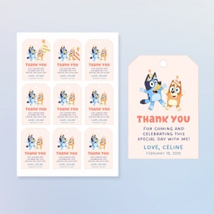 Bluey Children's Birthday Party Favors Thank You Label Tags Editable and Printable Canva Template Instant Download image 2