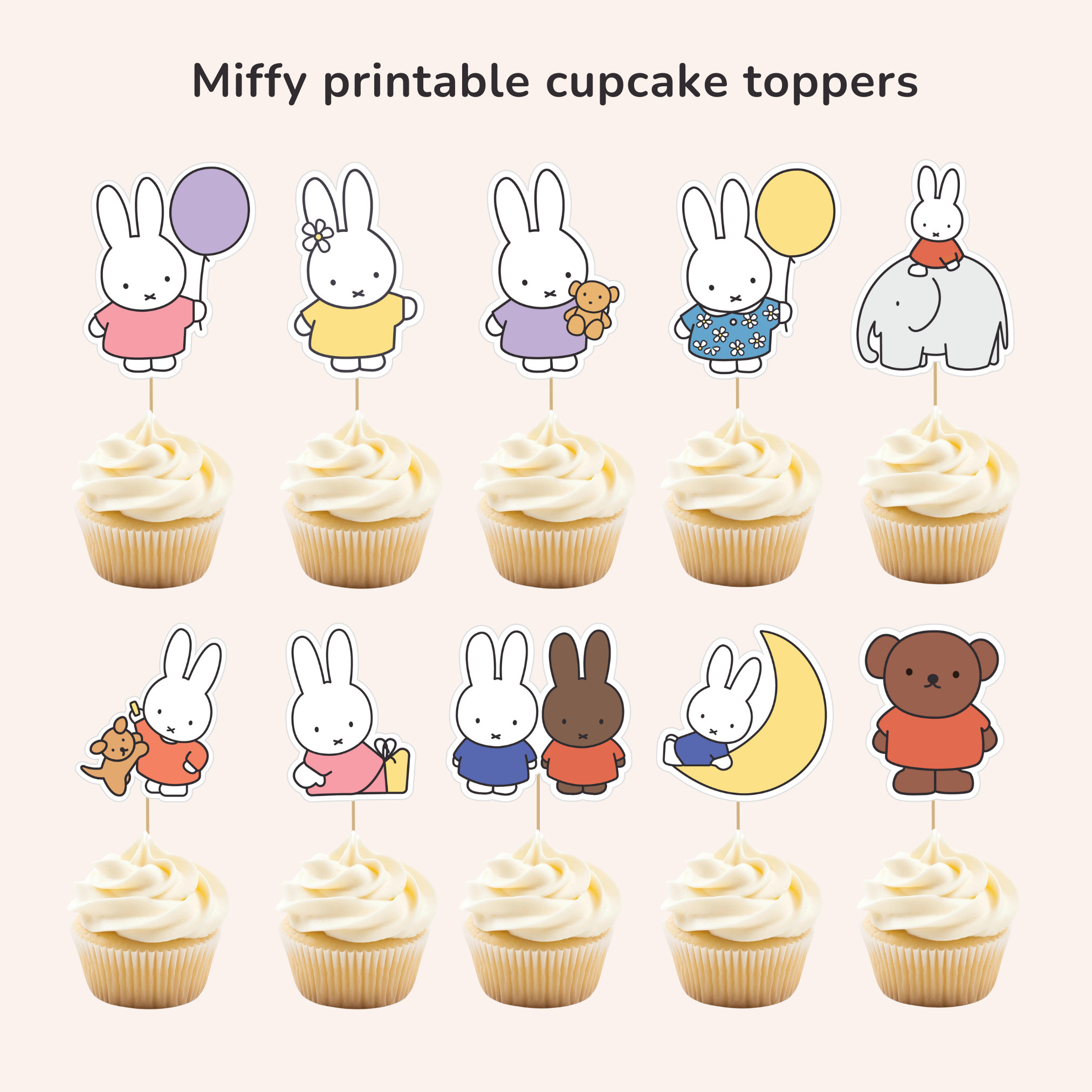 Miffy Birthday Party Cupcake Toppers / Sticker Sheet 12 Unique Designs