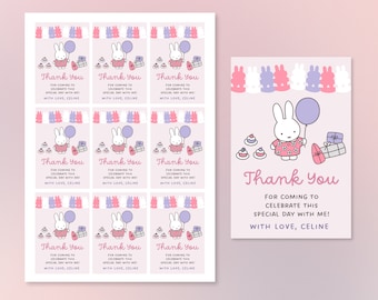 Miffy Children&#39;s Birthday Party Favors Thank You Label Tags - Editable and Printable Canva Template - 2 color schemes