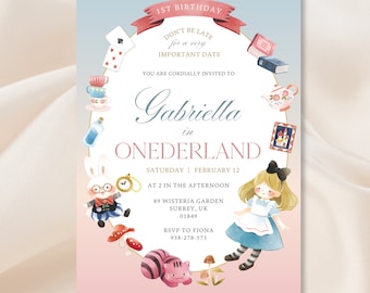 Alice in Wonderland Birthday Party Invitation - Cute and Whimsical One-derland Tea Party - Fully Editable on Canva - Instant Download