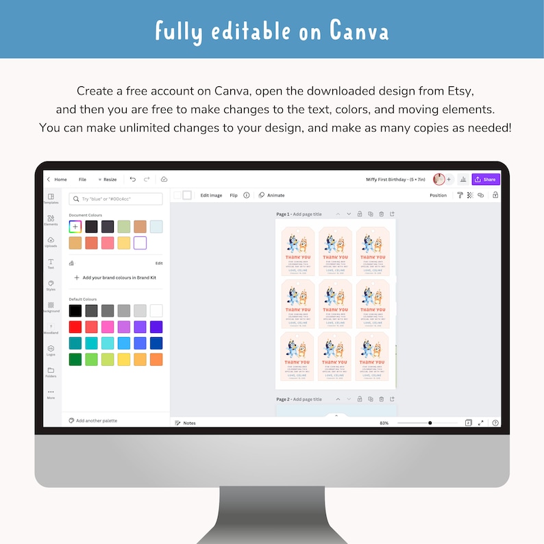 Bluey Children's Birthday Party Favors Thank You Label Tags Editable and Printable Canva Template Instant Download image 3
