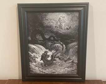 Gustave Dore Destruction of Leviathan Black Frame Dragon Sea Serpent Demon Biblical Princes of Hell Black and White Gallery Wall Art