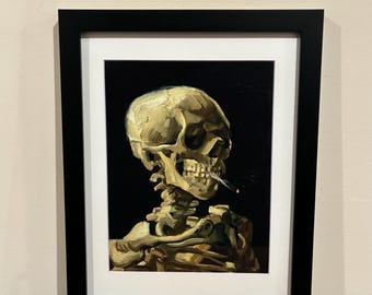 Vincent van Gogh Head of Skeleton With Burning Cigarette Framed Print 12x15 Wood Frame Halloween Goth Death Skull Wall Art