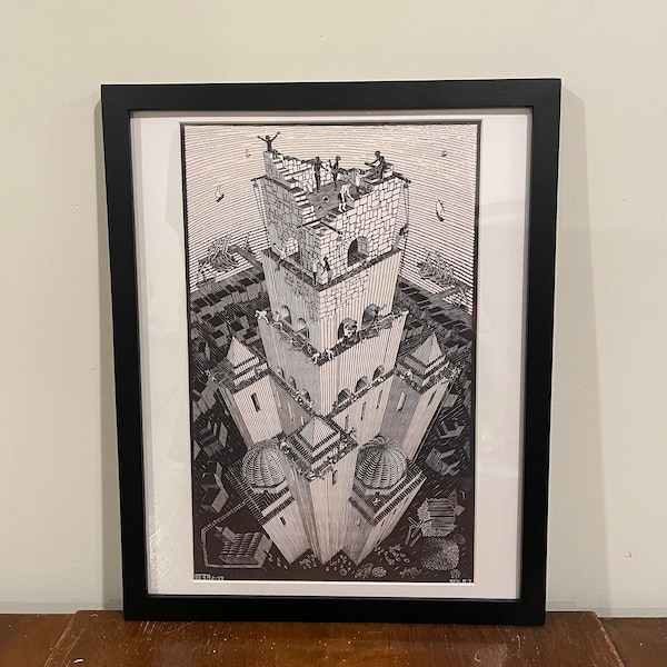 M. C. Escher Tower of Babel Framed Print 12x15 Black Wood Frame Geometric Black and White Language Architecture Modern Art Gallery Wall Art