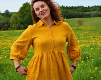 Loose Fit Double Gauze Mustard Dress, Boho Muslin Gown with Pockets, Puff Sleeve Midi Dress, Maternity Friendly, Handmade gift