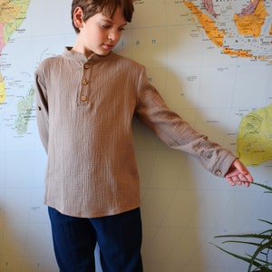 Loose fit muslin shirts for boys–Long sleeve shirt for teen–Half placket top-Light brown henley-Mandarin collar-Double gauze cotton