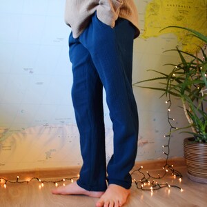 Wide muslin pants–Handmade pants–Boys’ trousers–Dark blue pants–Summer/autumn trousers–Double gauze pants-Baby boy pants-Toddler trousers