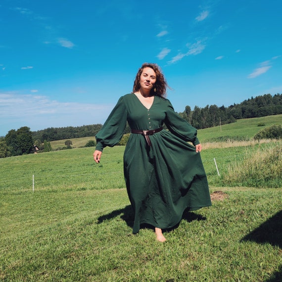 green muslin dress Long Vintage Muslin Dress - Boho Dress With Long Puffy Sleeves - Green Flared Double Gauze Dress - Romantic Handmade Dress