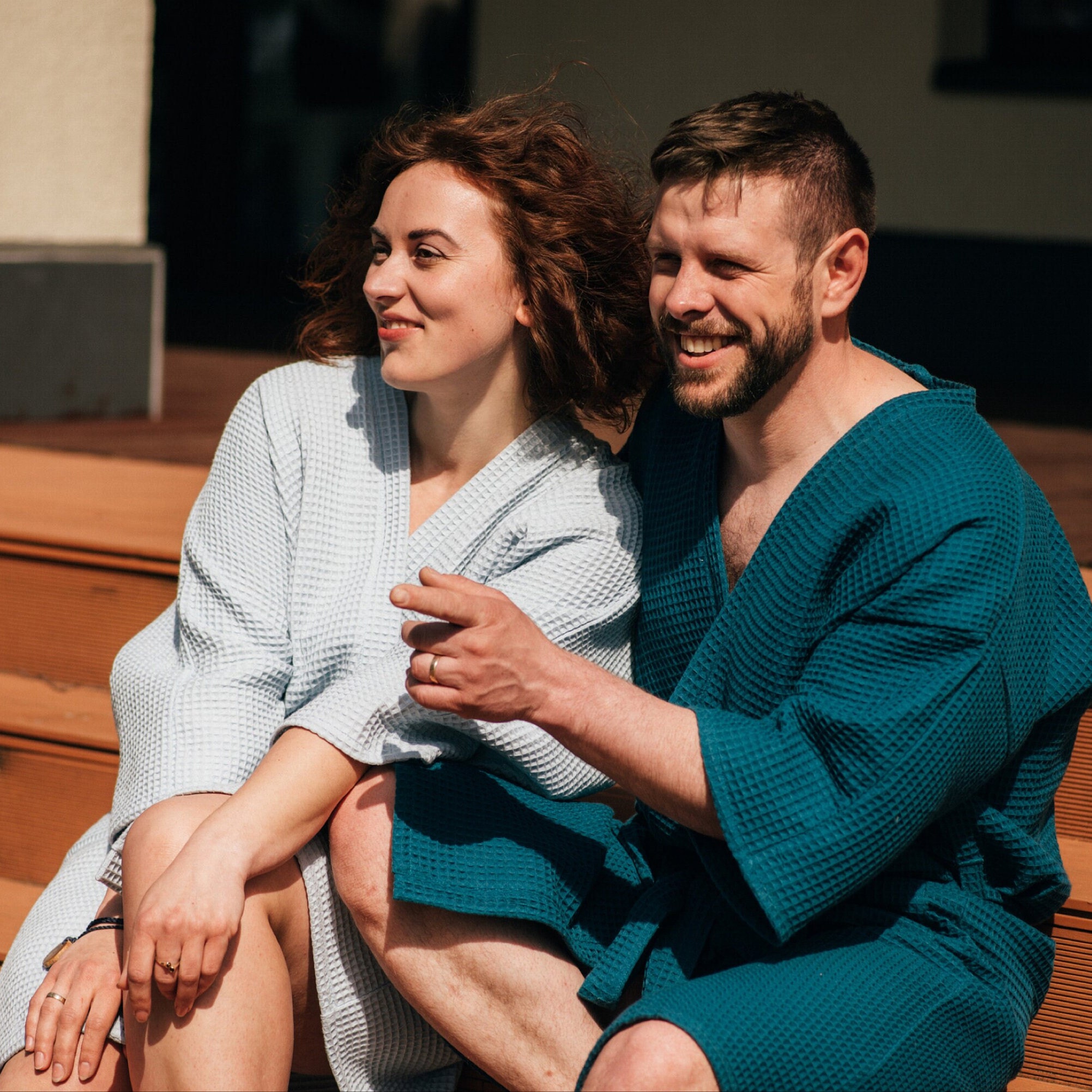 thumbnail image 2 of Couple's Matching Waffle Knit Robes - Lightweight Kimono Style Bathrobes With Pockets For Men And Women 2 of 13