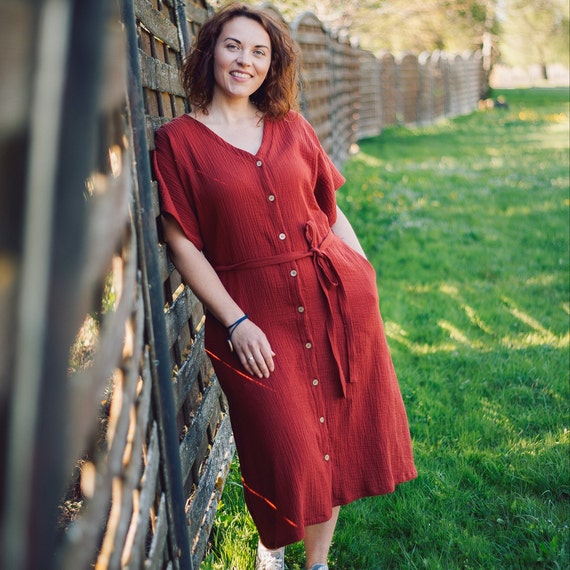 Handmade Rust Muslin Dress: Organic Cotton Raglan Sleeve Button-Front Dress