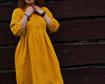 Mustard Muslin Shirt Dress, Nursing Friendly Cotton Midi Dress with Buttons, Boho Travel Gown, Puffy Sleeve Everyday Dress