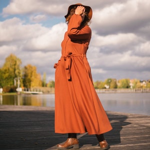 Vestido camisero largo de viscosa - Vestido con falda ancha - Vestido bohemio - Vestido marrón hecho a mano - Vestido con mangas abullonadas - Vestido de otoño/invierno - Vestido premamá