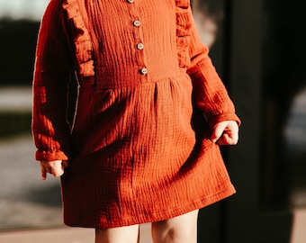 Handmade Rust Muslin Ruffle Dress: Long Sleeve Cotton Gauze