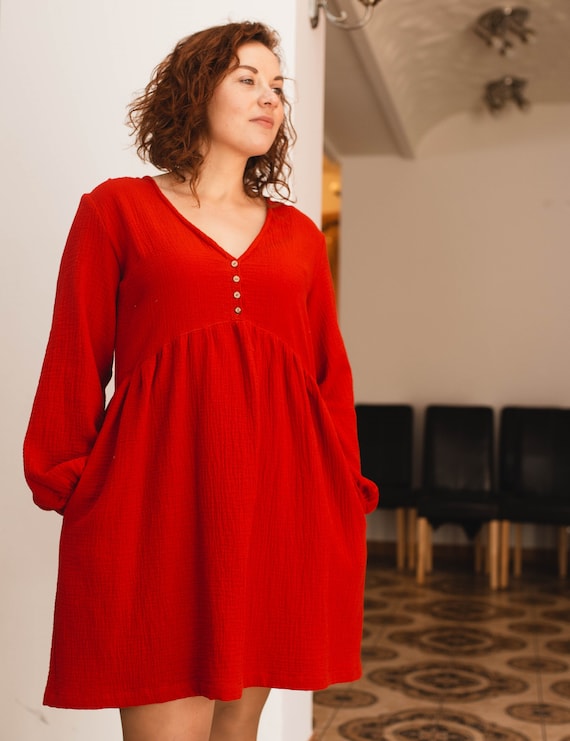 Boho Muslin Midi Dress with Puffy Sleeves, Double Gauze V Neck Dress, Romantic Cottagecore Gown, Loose Fit Summer Dress