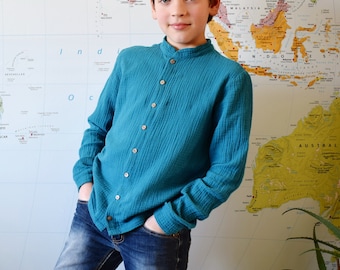 Boys' Muslin Shirts–Handmade Shirts–Long Sleeve Shirts–Blue Green Shirts–Electric Color Shirts-Regular Fit Double Gauze Shirts-Stand Collar