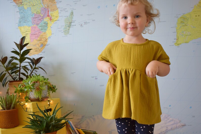 Wide muslin tunicBaby girl top-Handmade tunic-Moss color double gauze topShort sleeve girl blouseSpinning raglan style tunic-Toddler top image 5