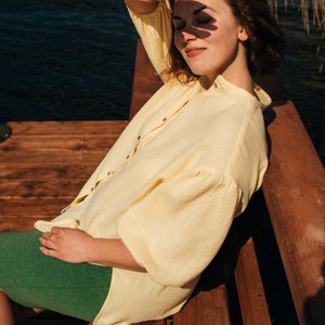 Oversize double gauze women shirts, Plus size shirts with puffy sleeve, Long yellow top, Cotton muslin women summer blouse