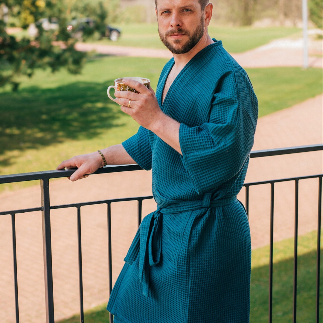 Men's Cotton Bathrobe With Deep Pockets, Handmade 3/4 Sleeve Waffle Kimono, Electric Color