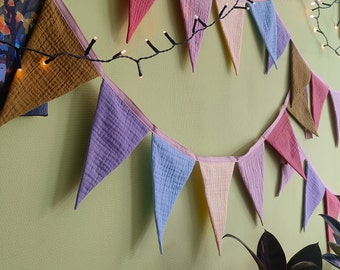 Cotton muslin garland-Birthday party decoration-Kidsroom hanging-Triangle flag garland-Nursery bunting-Wedding decor-Boho decoration