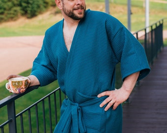 Waffle cotton bathrobe with deep pockets–Handmade knee length robe for men-Wide 3/4 sleeve kimono–Raglan dressing gown-Electric color kimono