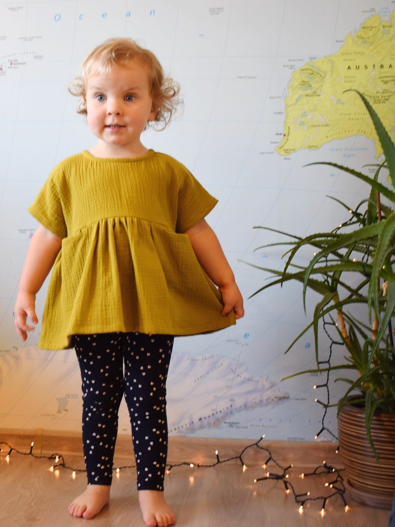 Wide muslin tunicBaby girl top-Handmade tunic-Moss color double gauze topShort sleeve girl blouseSpinning raglan style tunic-Toddler top image 1