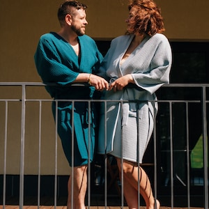 Set of 2 cotton waffle bathrobes, Handmade kimono robes for couple, Casual loose fit dressing gowns, Husband and wife gift