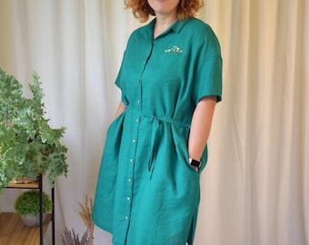 Handmade Embroidered Linen Shirtdress: Emerald Green Short Sleeve Dress