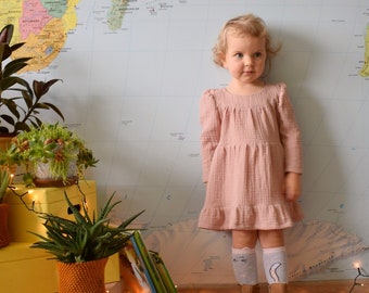 Ruffle muslin dress–Baby girl dress-Handmade dress- Double gauze toddler dress–Long sleeve dress–Medium length dress-Pink dress-Knee length