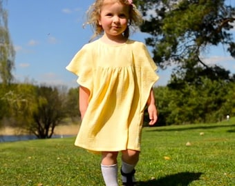 Cotton muslin dress with butterfly sleeves, Girl Christening dress, Light yellow birthday dress, Toddler baptism dress, Flower girl dress