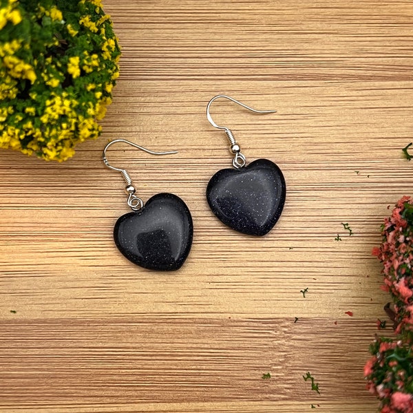 Blue Sandstone Heart Earrings | Blue Goldstone Earrings | Heart Earrings