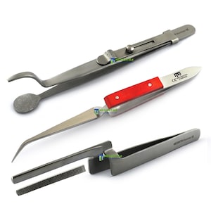 May include: A collection of stainless steel surgical instruments, including tweezers with red handles, a curved tool with a textured end, and a tool with a toothed edge. The tools are designed for medical or scientific use.