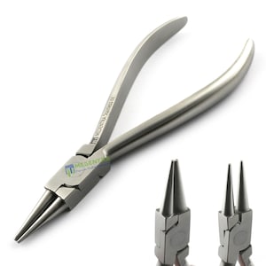 May include: Stainless steel round nose pliers with curved handles. The pliers have a pointed tip and are designed for precision work. The brand name "MEDENTRA Stainless CE" is printed on the pliers. Additional close-up views of the pliers are also shown.
