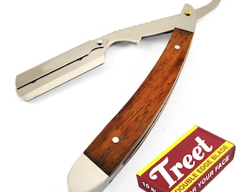 Professional Barber Shaving Razor Straight Brown Wood Handle Heavy Steel With 10 Blades