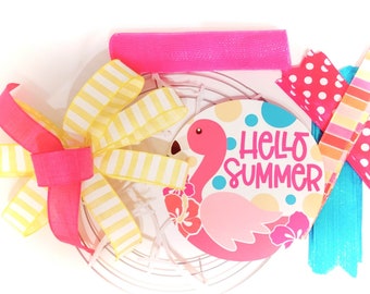 Pink Flamingo Summer Wreath Kit, Complete Kit with Bow, Hello Summer Wreath Kit, Pancake Style Mesh Wreath kit, Mesh Wreath Kit with Bow