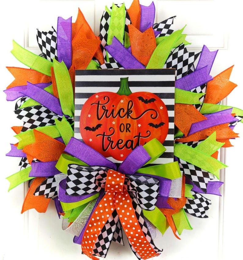 DIY Halloween Wreath Kit – Trick or Treat Mesh Wreath, Complete Kit with Pre-Cut Ribbons & Pre-Made Bow image 8