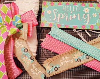 Hello Spring Wreath Kit, Complete Kit with Bow, Cheerful Fuchsia Wreath Kit, Pancake Style Mesh Wreath kit, Mesh Wreath Kit with Premade Bow