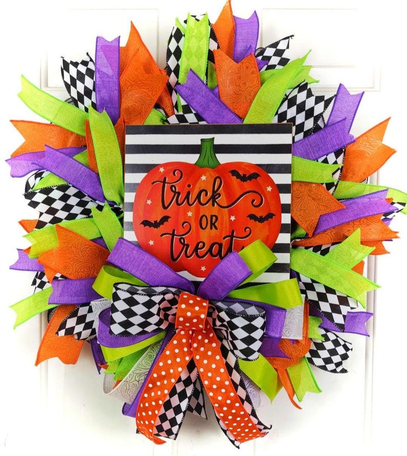 DIY Halloween Wreath Kit – Trick or Treat Mesh Wreath, Complete Kit with Pre-Cut Ribbons & Pre-Made Bow image 2