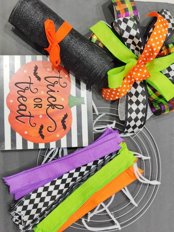 DIY Halloween Wreath Kit – Trick or Treat Mesh Wreath, Complete Kit with Pre-Cut Ribbons & Pre-Made Bow
