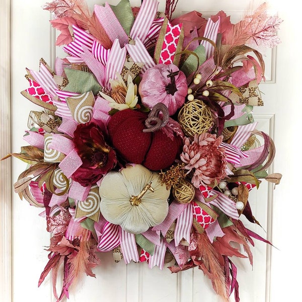 Elegant Pink Fall Wreath for Front Door, Luxurious Pink Fall Home Decor, Pink Pumpkin Wreath, Glam Fall Wreath for Door, Decadent Autumn