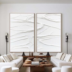White 3D Textured Wall Art White Abstract Painting Set of 2 Minimalist Painting On Canvas Set of 2 White Plaster Wall Art Modern Wall Decor