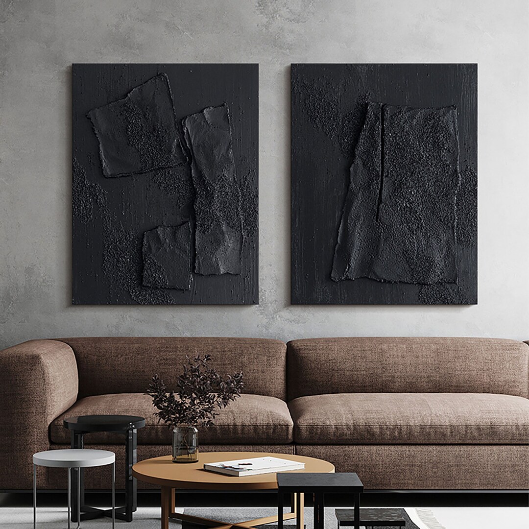 Large Black Abstract Painting Black 3D Textured Painting Set of 2 Black