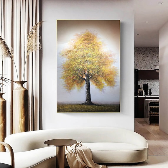 Original Tree Painting on Canvas, Large Abstract Gold Big Tower Tree  Landscape Acrylic Oil Painting, Modern Living Room Wall Art Decor 
