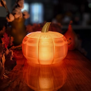 Może przedstawiać: Świecąca pomarańczowa lampa w kształcie dyni z fakturą przypominającą drewno i złotym trzonkiem. Lampa stoi na drewnianej powierzchni.