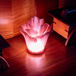 Può includere: Una lampada rosa a forma di rosa emette una luce calda, posta su una superficie di legno. I petali della lampada sono traslucidi, creando un bagliore soffuso. La lampada è il punto focale dell'immagine.