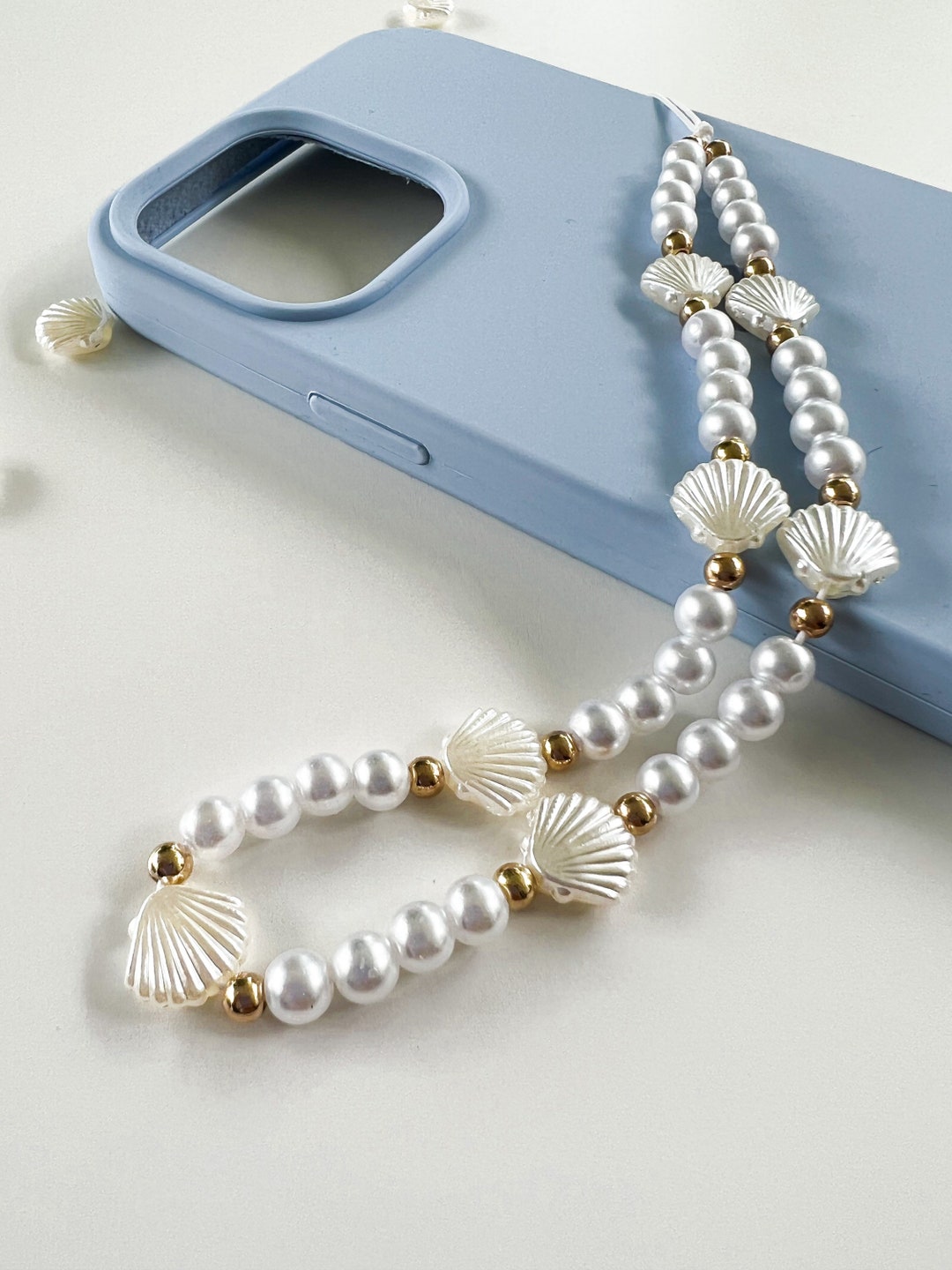 Shells Phone Charm Phone Charm Shell & White Pearls, Gold Beads Decoration. Handmade ...