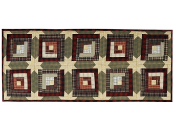 Quilted Table Runner, Wallhanging & Table Toppers Country cabin green gold plaid patchwork by HOME HEART Brands( Made in India)