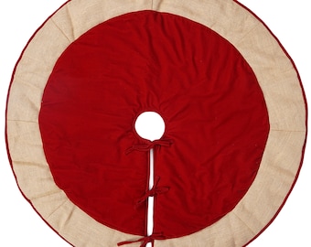 May include: Red velvet Christmas tree skirt with a burlap trim. The skirt has a center hole and ties to secure it around the tree.