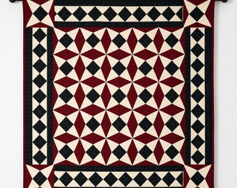 Primitive Spinning Wheel Quilt Hand Quilted Wall Hanging & Table Topper Plaid Country quilt decor by Home Heart Brands (Made in India)